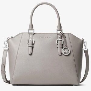 Michael Kors Light Gray Ciara Large Saffiano Leather Satchel
